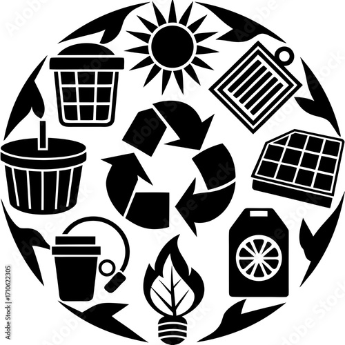 Vector art of circular arrangement of ecofriendly and renewable energy symbols
