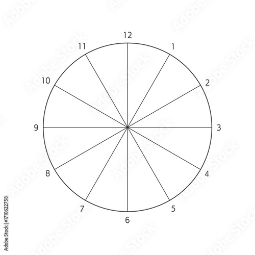 シンプルな数字付きの12分割の円形フレーム - 円グラフや12時間･1年間などの図表のテンプレート