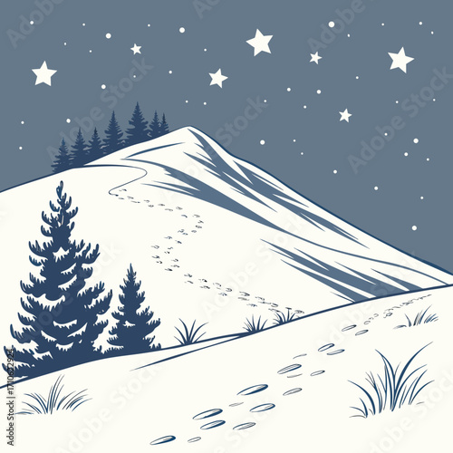 A solitary path of animal footprints winds up a snow covered mountain under a starry night sky