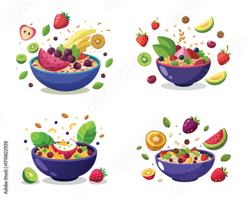Colorful Fruit and Oatmeal Bowl Assortment Illustration