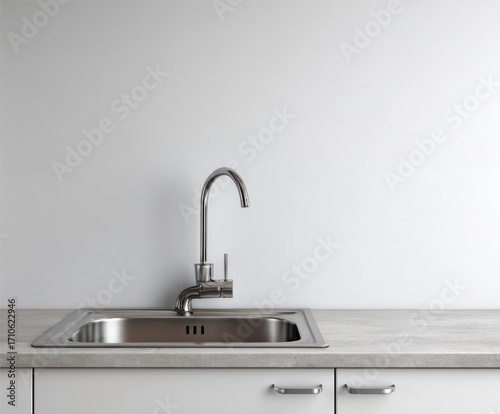 Modern stainless steel kitchen sink and faucet against a clean white wall.