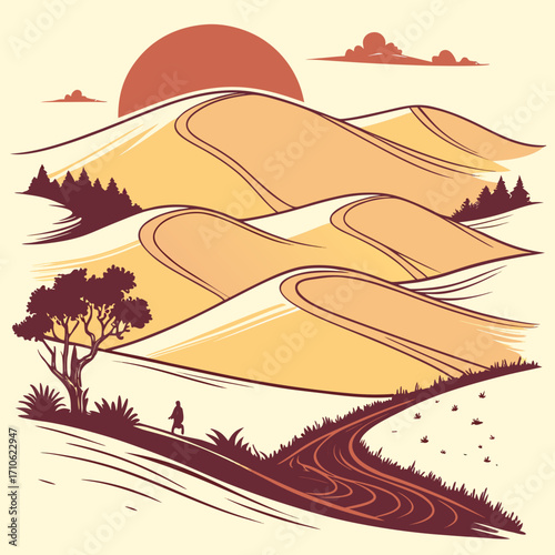 Stylized desert landscape with rolling sand dunes under a large sun and a solitary figure walking along a path