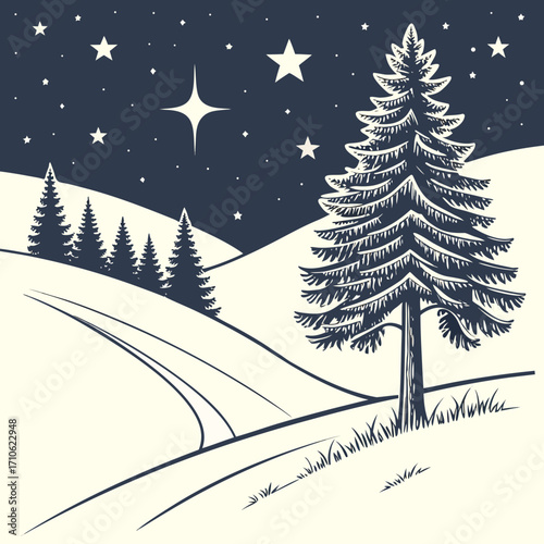 Serene winter night landscape with a lone pine tree under a starry sky and rolling snow covered hills