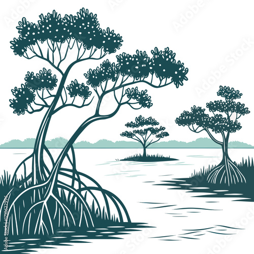 Stylized illustration of mangrove trees with exposed roots growing in calm water and on small islands