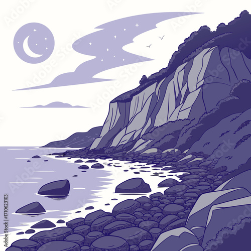 A serene night scene of a rocky coastline with a crescent moon and stars illuminating the calm sea and cliffs