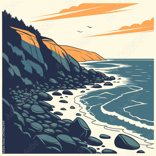 Stylized illustration of a rocky coastline with waves crashing on the shore under an orange sky