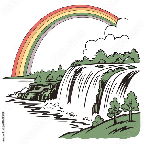 Stylized illustration of a majestic waterfall cascading down cliffs with a vibrant rainbow arching over lush green trees and clouds