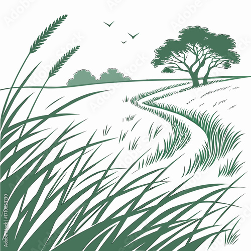 Stylized illustration of a winding path through a grassy field with a solitary tree and birds in the sky