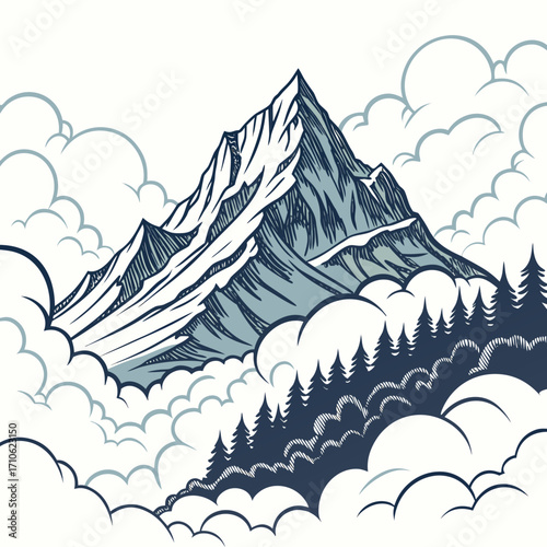 Majestic snow capped mountain peak emerges from soft clouds above a dark pine forest