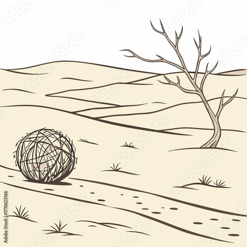 A solitary tumbleweed rolls across a barren desert landscape with a lone dead tree and sparse dry grass
