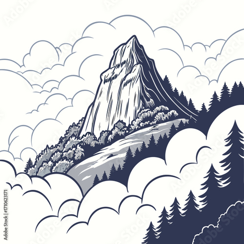 Majestic snow capped mountain peak surrounded by fluffy clouds and dark pine trees on a clear day