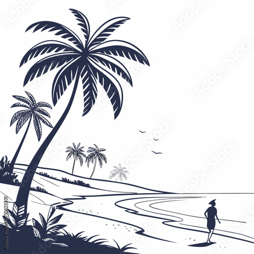 Stylized minimalist illustration of a tropical beach scene with palm trees and a lone figure walking along the shore