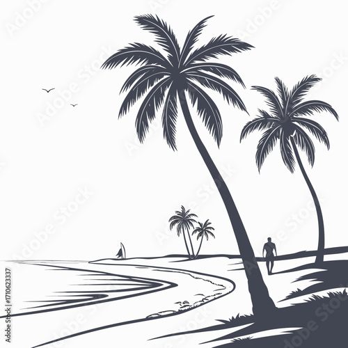 Silhouette of a lone surfer walking on a tropical beach with palm trees and birds flying in the sky