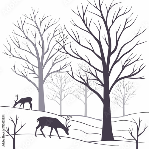 Silhouette of two deer grazing in a minimalist winter forest landscape with bare trees and rolling hills