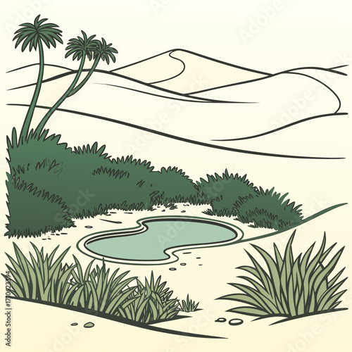 Stylized illustration of a desert oasis with palm trees lush green bushes and a tranquil water pool surrounded by sand dunes