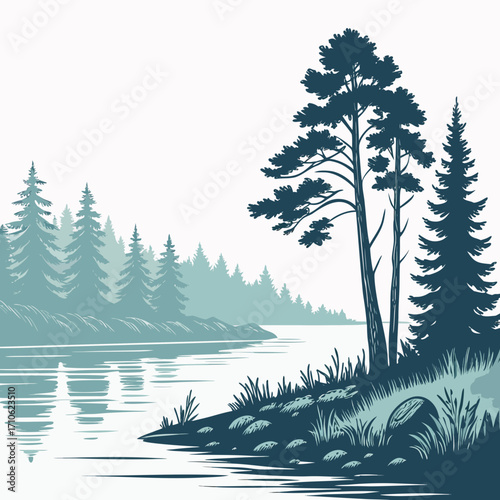 Serene forest landscape with a tranquil lake reflecting evergreen trees and a clear sky