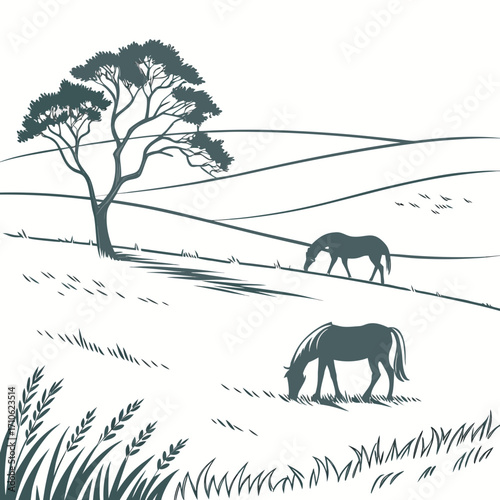 Serene rural landscape with two horses grazing peacefully under a solitary tree on rolling hills
