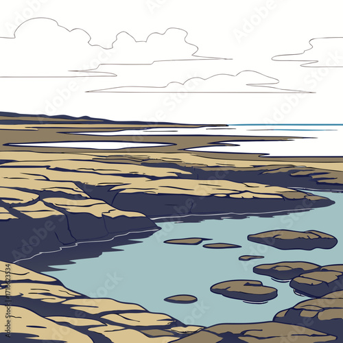 Stylized illustration of a rocky coastline with calm blue water and distant pools under a cloudy sky