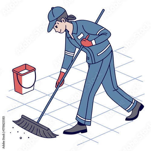 Cleaner Girl Cleaning Floor Vector Icon, Housekeeping, Janitor, and Cleaning Service Illustration