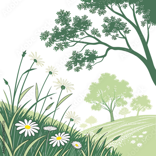 Stylized green meadow landscape with white daisies tall grass and silhouetted trees under a white sky