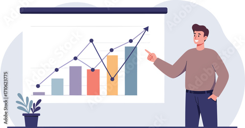 Man Explaining Upward Trend Chart With Bar Graph