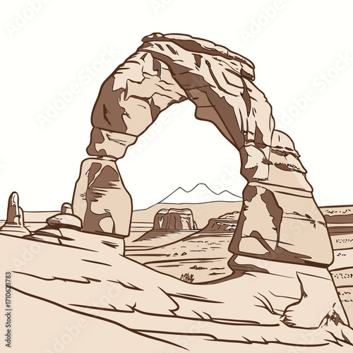 Iconic delicate arch in arches national park utah rendered in a stylized sepia tone sketch