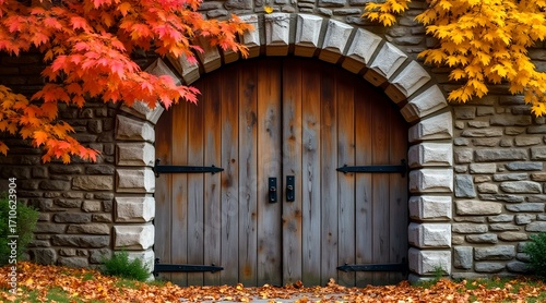A rustic barn door at the bottom of a stone wall in autumn foliage, The door has a weathered look