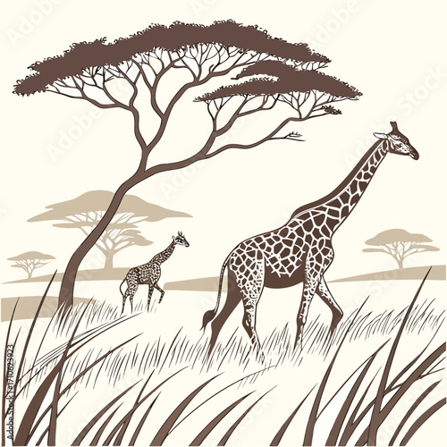 Two giraffes walking across the african savanna with acacia trees and tall grass in a minimalist brown and beige illustration