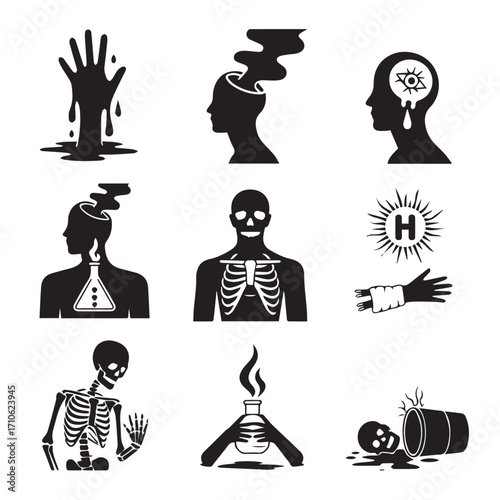 Collection of silhouette icons representing medical concepts and human anatomy with a dark and mysterious aesthetic