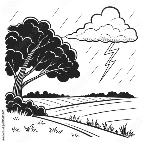 Dramatic stormy weather with a lightning strike over a solitary tree and rural landscape under heavy rain
