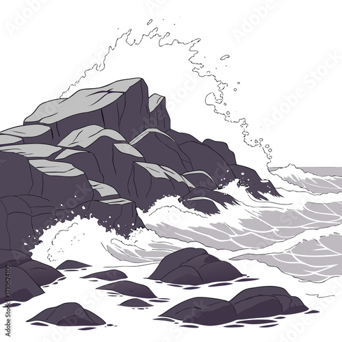 Powerful ocean waves crash against dark jagged rocks on a bright white background in a stylized drawing
