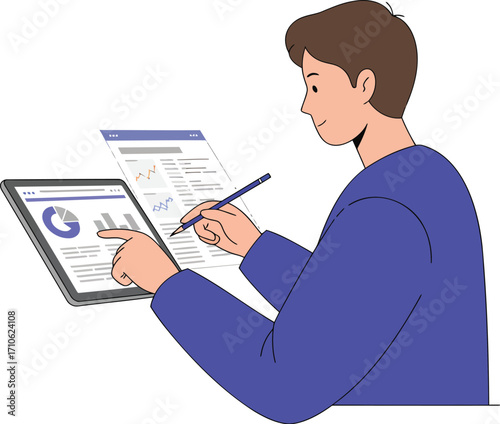 Man Analyzing Financial Data and Charts on Digital Devices