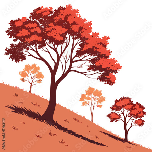 Stylized autumn trees with vibrant red and orange foliage on a sloping hill with grass and shadows