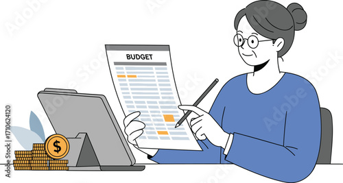Woman reviewing financial documents with stylus and tablet