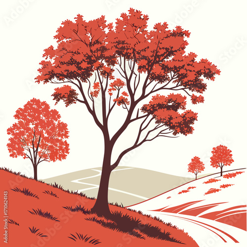 Stylized illustration of a rolling landscape with trees displaying vibrant red autumn foliage and a winding path