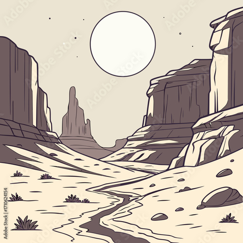 Stylized illustration of a desert canyon landscape with a winding river and a large moon in the sky