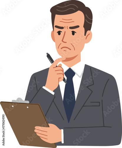 A thoughtful businessman in a suit holding a pen to his chin and a clipboard, contemplating a decision.