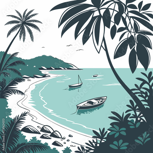 Serene tropical island bay with palm trees sandy beach and boats floating on calm turquoise ocean water