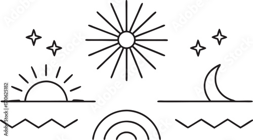 Set of nine minimalist celestial illustrations with cosmic elements