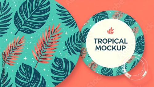 A circular mockup featuring a tropical leaf design on a teal and coral background