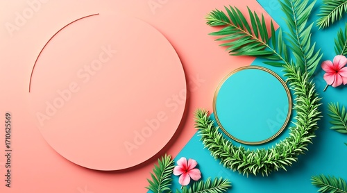 A circular mockup featuring a tropical leaf design on a teal and coral background