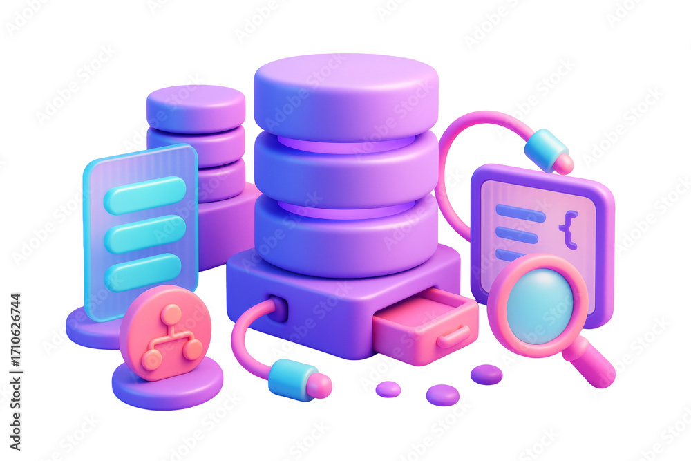 Fototapeta premium Purple and pink database elements with coding, analysis, and connection icons in stylized 3D look on white background, concept of technology. Ai generative