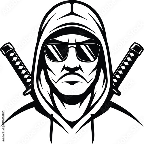 Asian warrior with sunglasses and a hood stands with crossed katanas behind