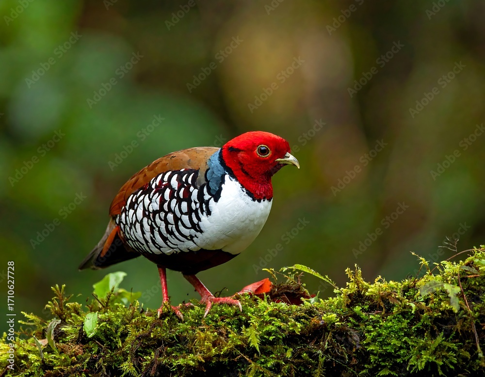 Fototapeta premium A brilliantly colored bird perches elegantly on a mossy forest branch, showcasing striking red, white, and brown plumage.