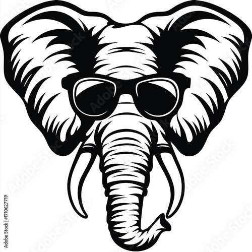 Black and white depicts an elephant face sporting dark sunglasses for sun protection