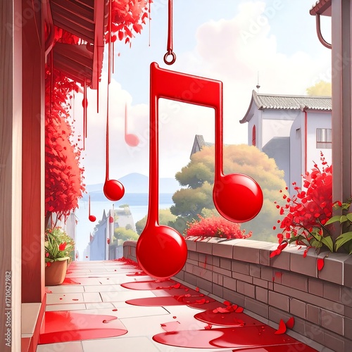 Red musical note hangs over a walkway