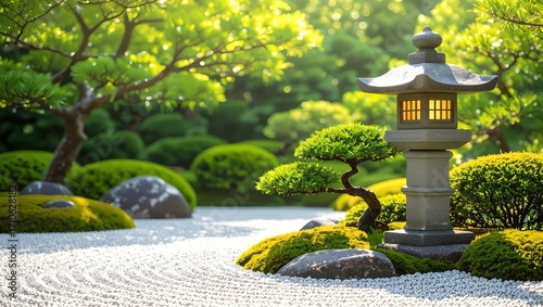 A minimalist Japanese garden themed image featuring a subject on the right, such as a stone lantern or a bonsai tree