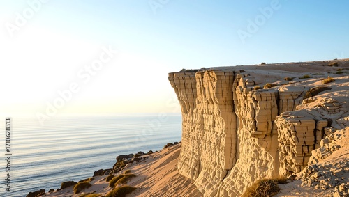 An image of a minimalist beige cliff edge under a soft blue sky during bright dawn