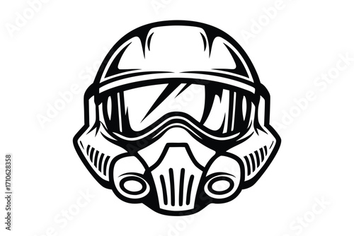 Black and white drawing depicts a helmet with goggles and two circular air filters