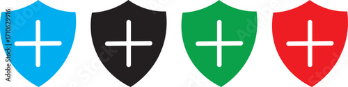 shield icon set. shield with tick mark and plus mark. Medical Protection symbol.Shield badge quality symbol isolated on transparent background. Design elements for safety and protection